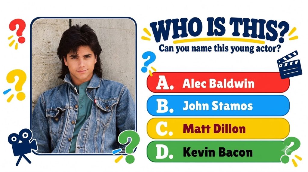 A retro-style quiz graphic titled WHO IS THIS featuring a portrait of a young John Stamos with a prominent mullet and a 