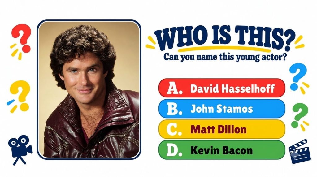 A retro-style quiz showing a headshot of a young David Hasselhoff in a brown leather jacket with WHO IS THIS text and mu