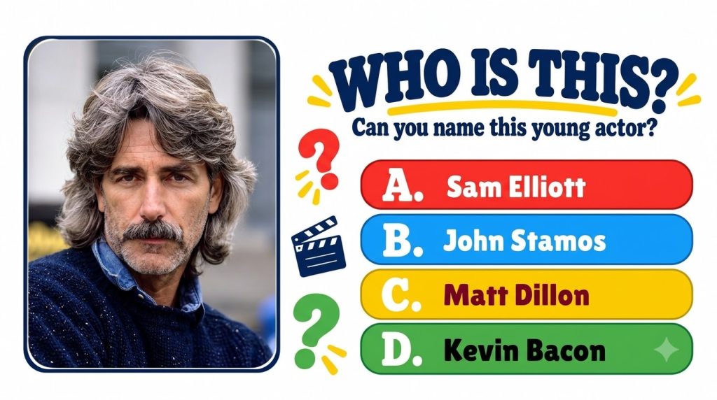 A Who Is This quiz featuring a portrait of actor Sam Elliott with his distinctive long wavy grey hair and prominent must