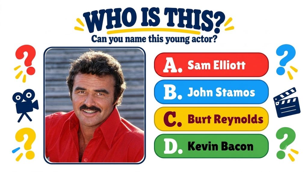 A quiz-style graphic asking to identify a young actor featuring a headshot of a smiling Burt Reynolds with a mustache an