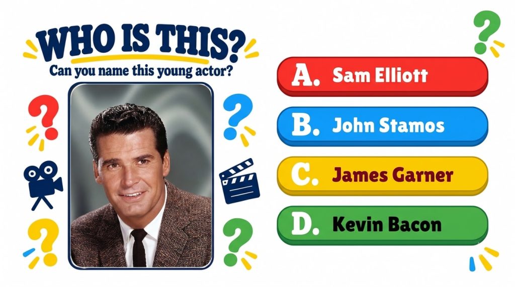 A retro quiz graphic asking WHO IS THIS Can you name this young actor with a framed portrait of a smiling young James Ga