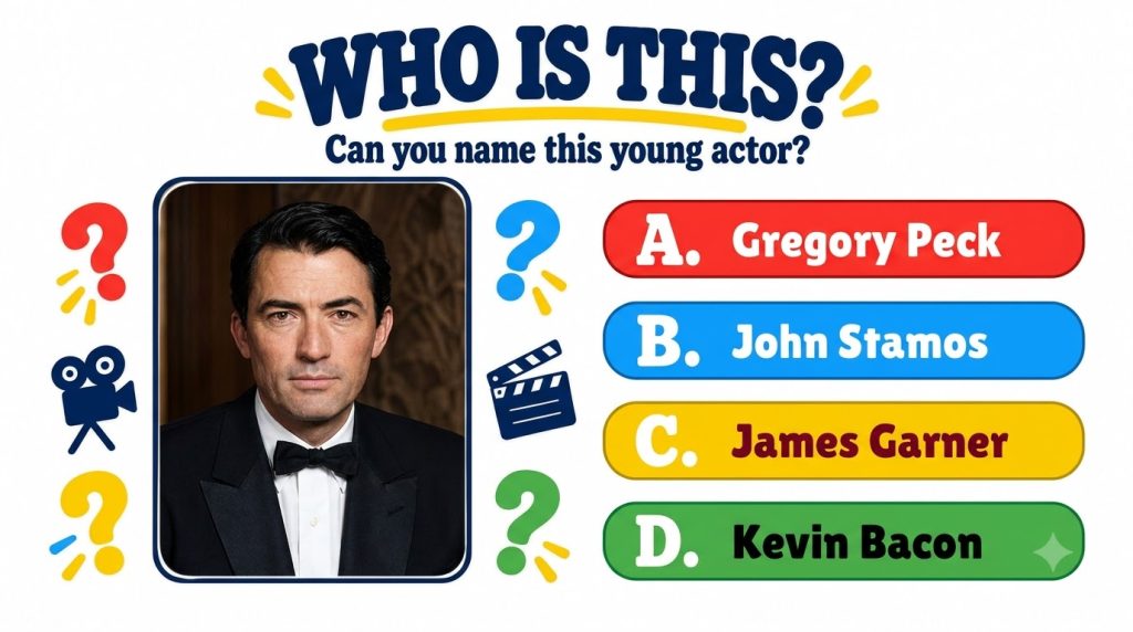 A multiple-choice quiz featuring a formal portrait of a male actor in a tuxedo surrounded by colorful question marks and