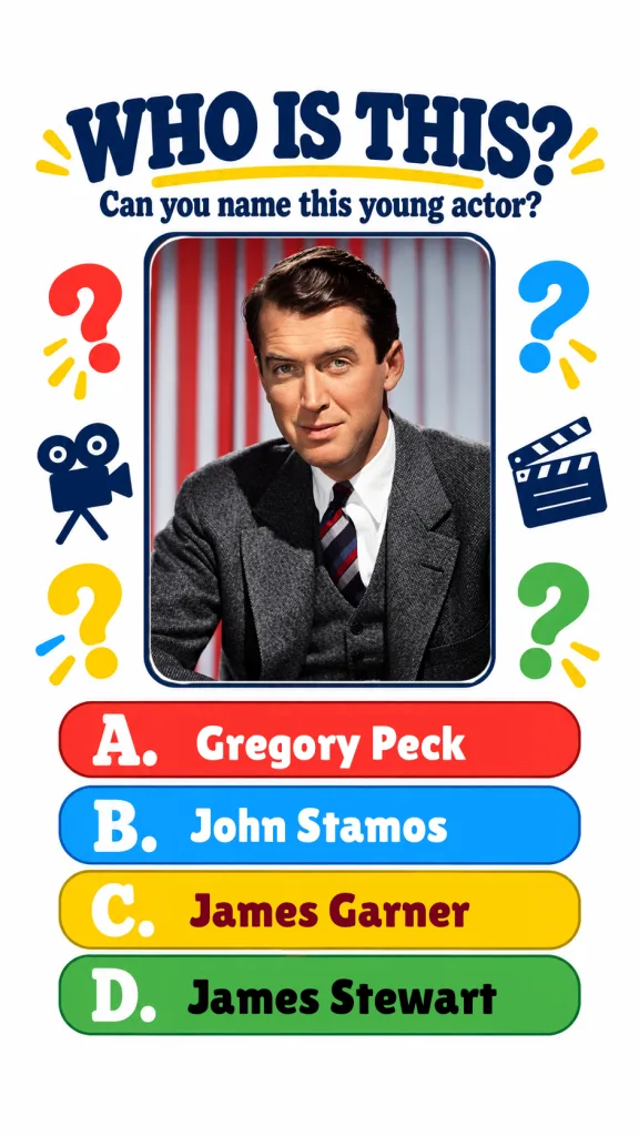 A vertical quiz card titled WHO IS THIS featuring a young James Stewart s headshot in a suit against a red and white str