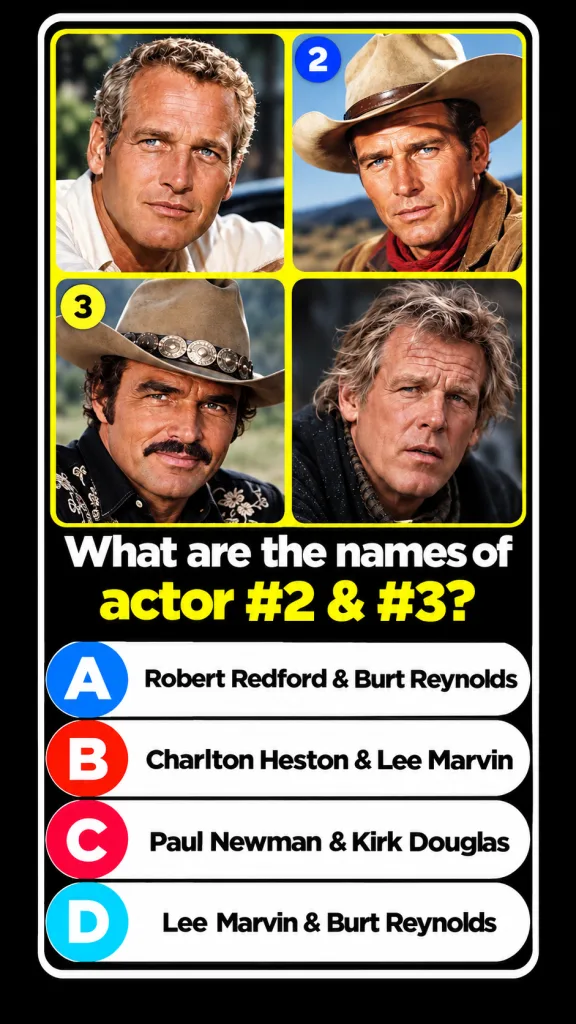 A quiz graphic showing four classic male actors in a 2x2 grid with a question asking to identify actor 2 and 3