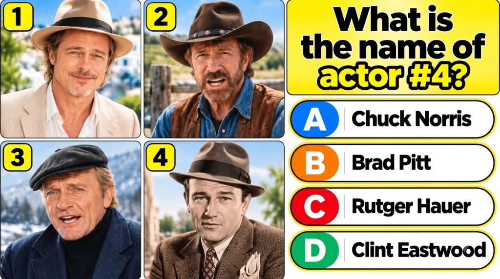 A multi-panel quiz layout featuring headshots of Brad Pitt Chuck Norris Rutger Hauer and Robert Mitchum with a question