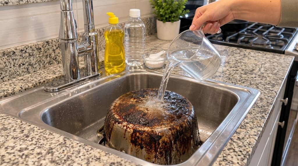 Agua siendo vertida sobre el fondo quemado de una olla en un fregadero con bicarbonato de sodio y jabón