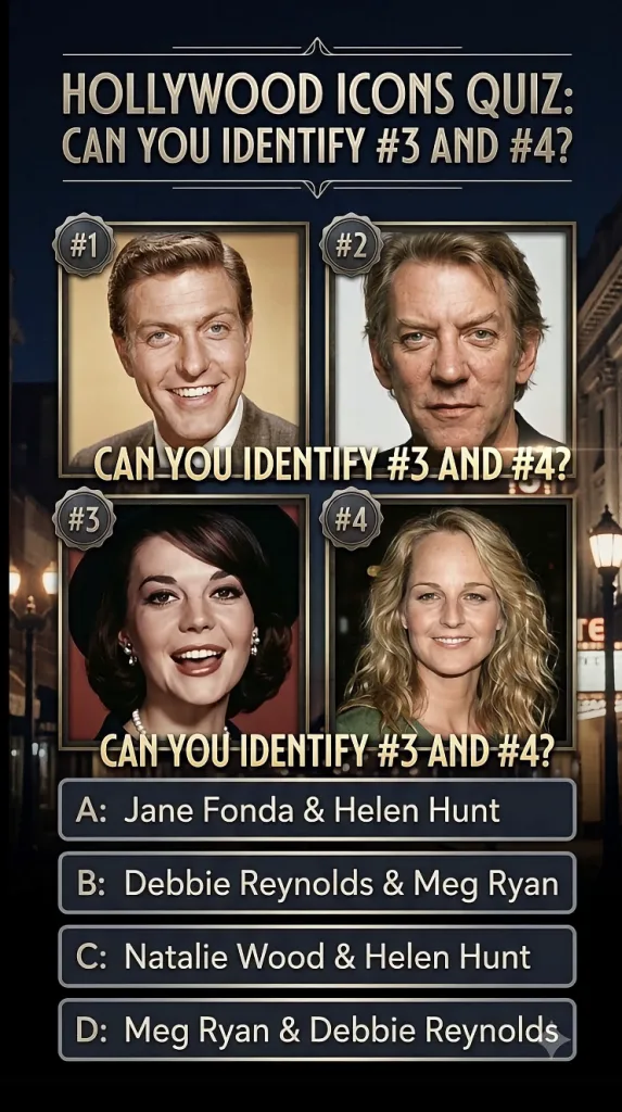 A quiz graphic titled HOLLYWOOD ICONS QUIZ with four celebrity headshots in ornate gold frames asking viewers to identif