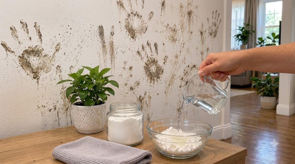 A hand pouring water from a glass measuring cup into a clear bowl with white cornflour on a wooden surface In the backgr