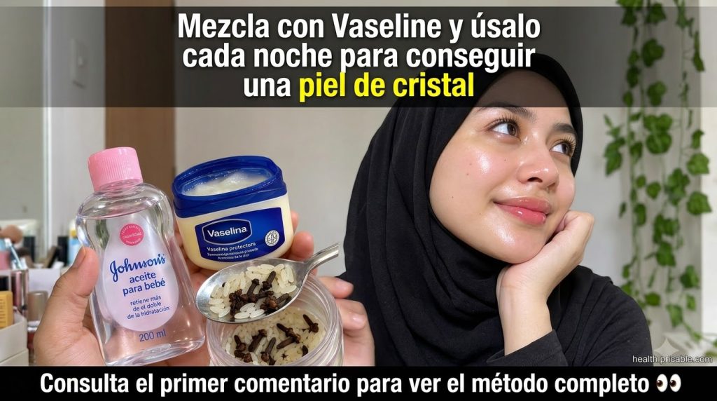 A person with glowing hydrated skin and glossy lips looking up wearing a black hijab in the top half The bottom half sho