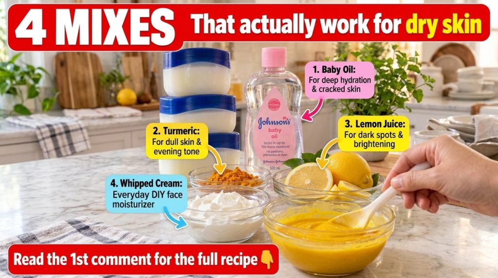 A flat lay composition on a kitchen countertop featuring bowls of turmeric powder sliced lemons whipped cream and a bott