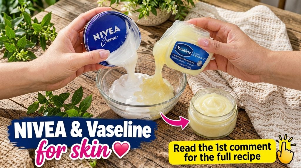 Hands mixing Nivea Creme and Vaseline in a glass bowl on a wooden surface with the finished mixture in a small jar The s
