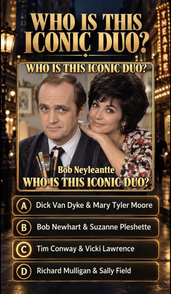 A framed portrait of Bob Newhart and Suzanne Pleshette from The Bob Newhart Show with Bob holding paintbrushes and Suzan