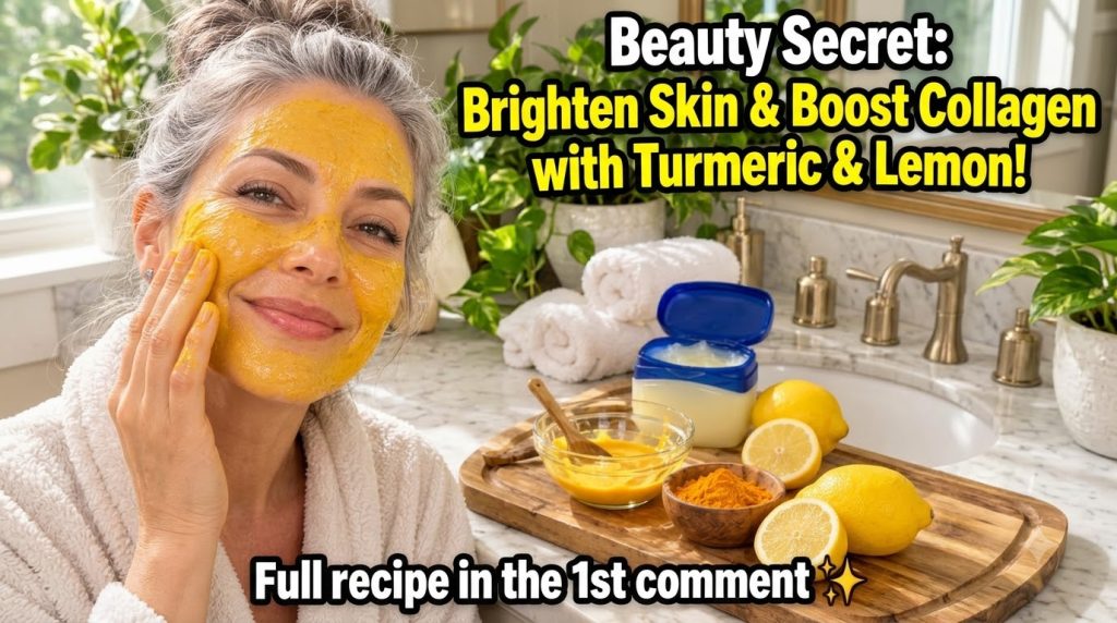 A smiling middle-aged woman with grey hair applying a vibrant yellow turmeric and lemon face mask to her cheek In the ba