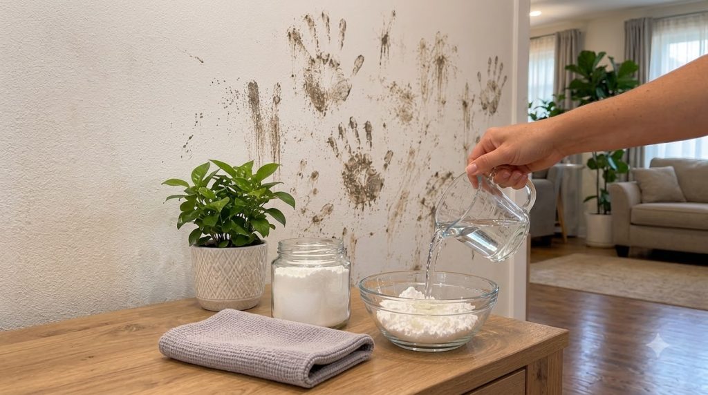 A person s hands mixing white powder cornflour with water in a glass bowl with muddy handprints visible on a wall in the