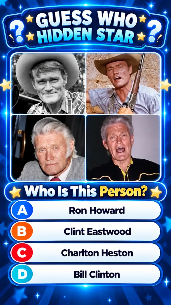 A mobile quiz game interface titled Guess Who Hidden Star featuring a 2x2 grid of four portraits of Clint Eastwood at di