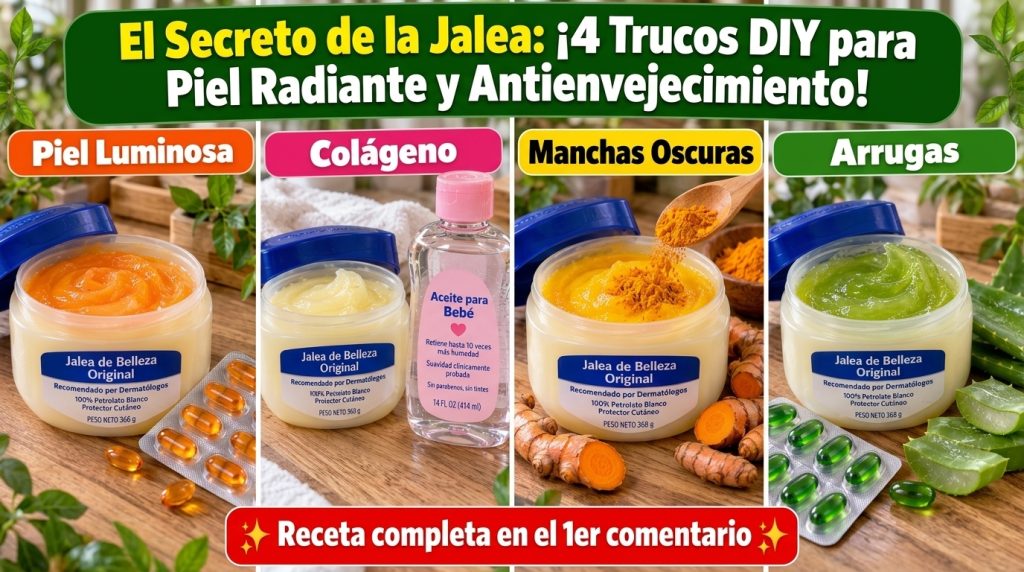 A grid-based composition showcasing 4 DIY Hacks for Glowing Skin Anti-Aging using Vaseline as a base Each square feature