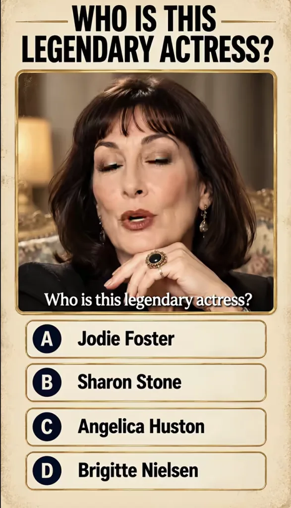 A quiz interface showing a portrait of an older woman with dark hair and elegant black attire framed by a vintage-style 