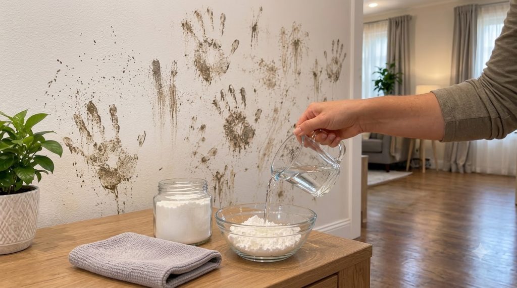 A hand is pouring water into a bowl with white powder on a wooden table with a dirty wall covered in muddy handprints in