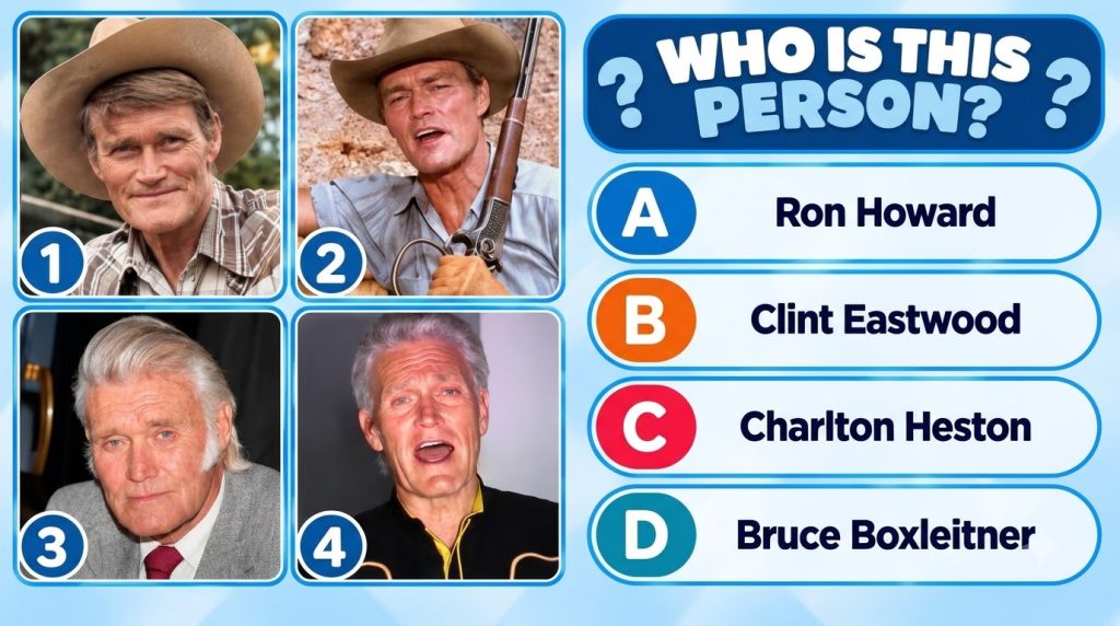 A quiz screen showing four images of Cary Grant with the question WHO IS THIS PERSON and multiple-choice answers