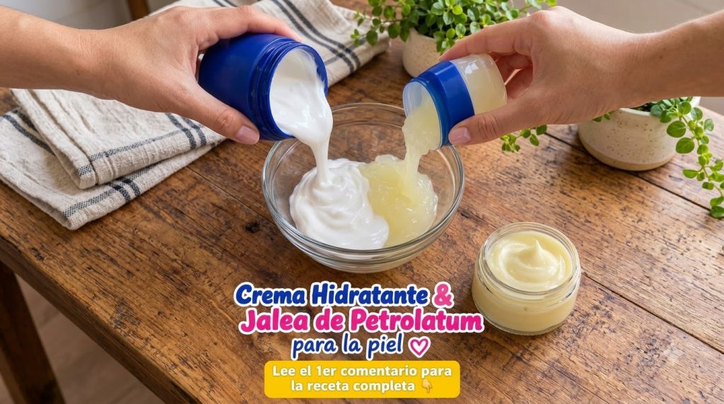 Dos manos vertiendo crema Nivea y Vaselina en un cuenco de cristal transparente con un tarro más pequeño del producto me