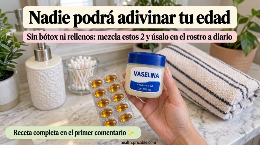 A person s hand holding a small jar of Vaseline and a blister pack of golden translucent vitamin E capsules against a bl