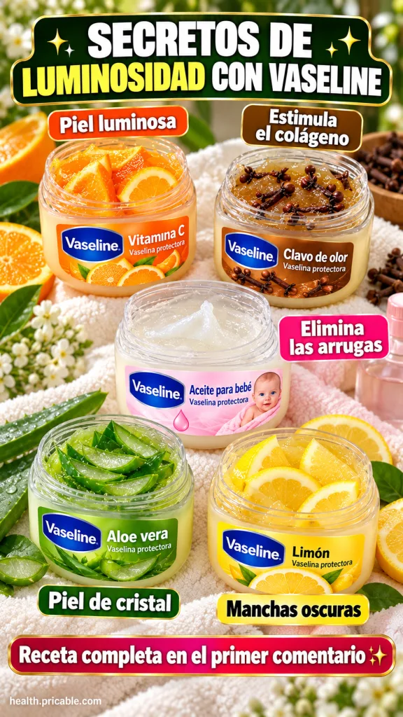 Five open jars of Vaseline each paired with fresh natural ingredients like oranges cloves aloe vera leaves and lemons Th