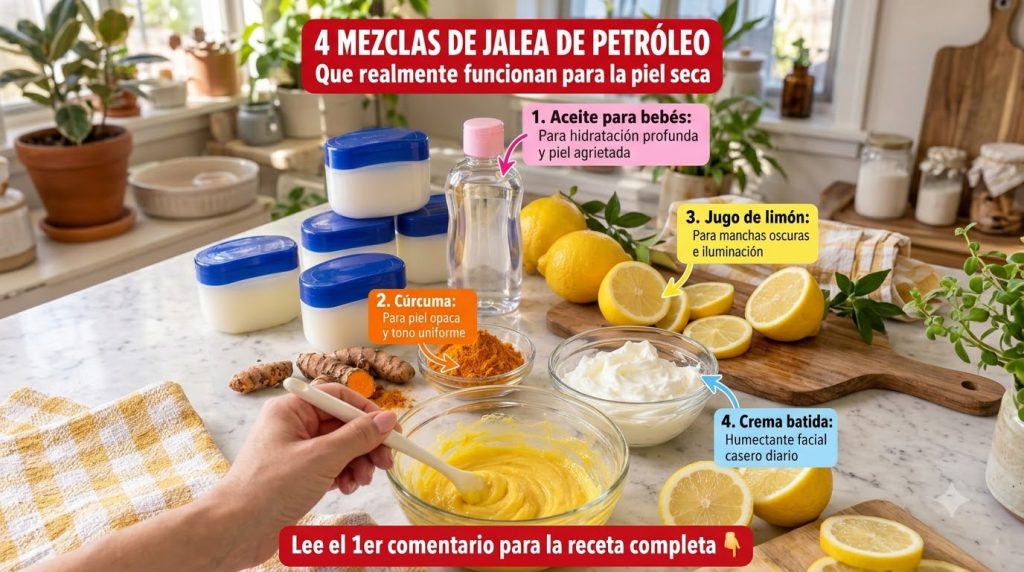 A vibrant flat lay showing four DIY Vaseline mixes for dry skin on a light kitchen counter with a hand mixing one of the