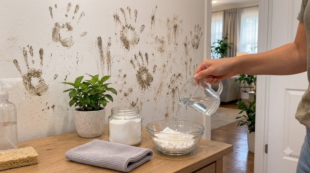 Hand pouring water into a bowl of white powder on a wooden table with muddy handprints on the wall in the background