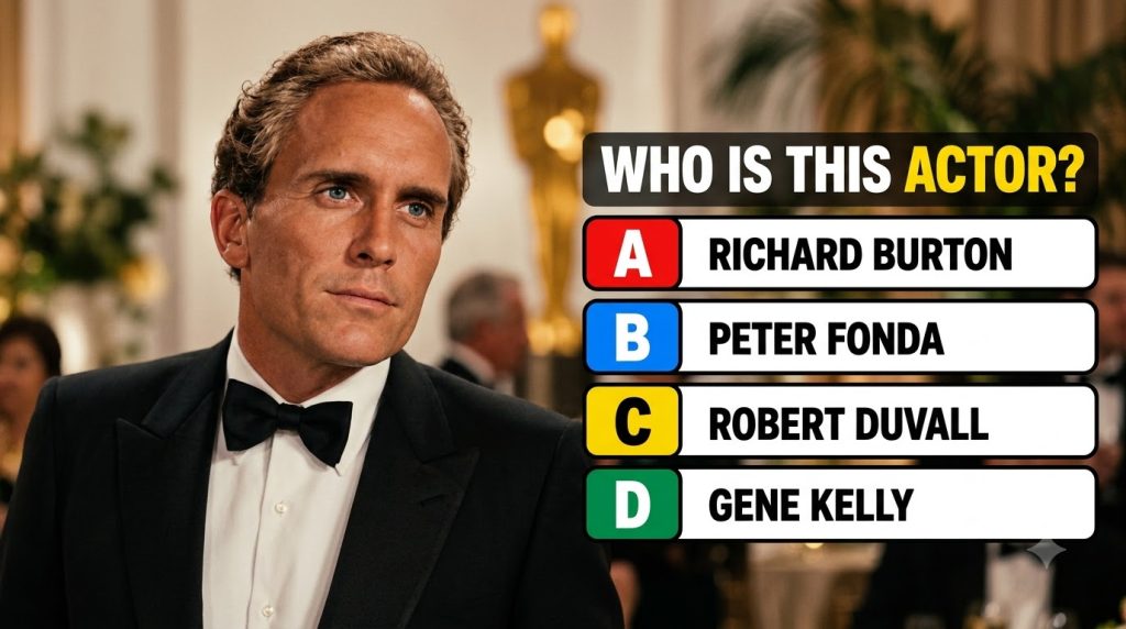 A multiple-choice quiz image showing a distinguished male actor in a tuxedo with curly blond hair and striking blue eyes