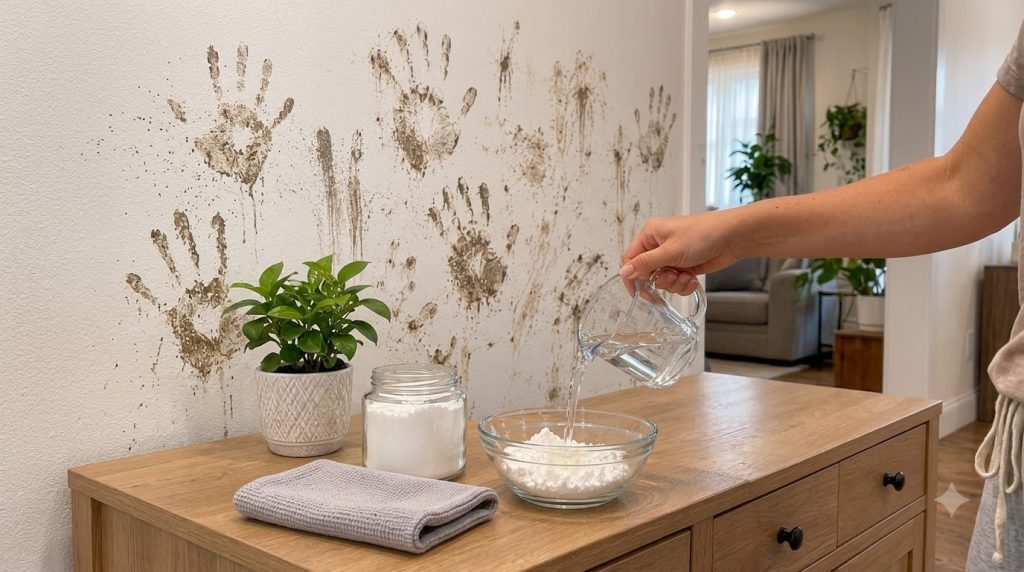 A close-up shot of a hand pouring clear water from a glass measuring jug into a bowl containing white cornflour powder N
