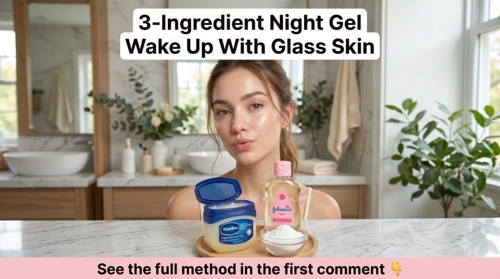 A young woman with glass skin complexion behind a countertop with an open jar of Vaseline a bottle of Johnson s Baby Oil