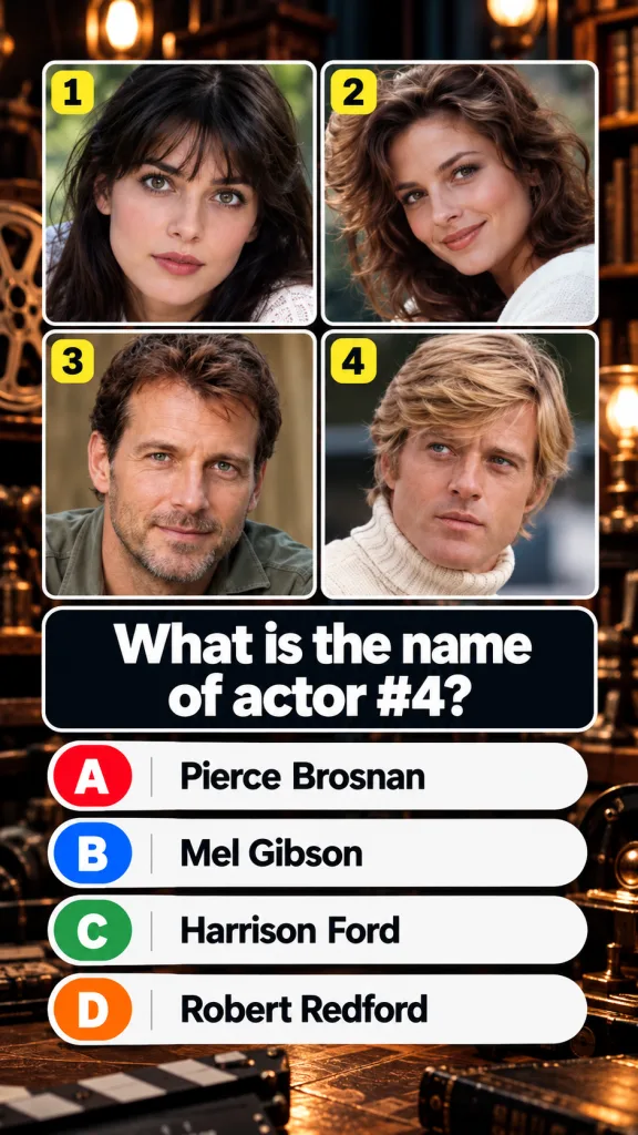 A multi-choice quiz showing four headshots of classic actors with the focus on the fourth actor Humphrey Bogart The ques