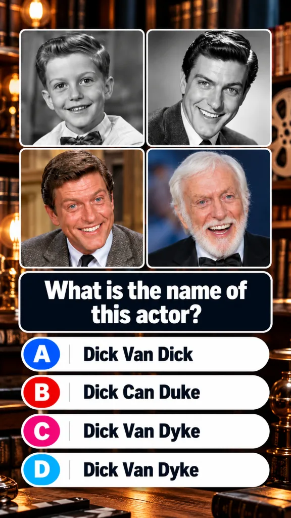 A multi-panel quiz image showing Dick Van Dyke from childhood to old age in a warm library setting