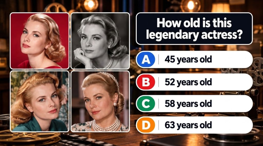 A vintage multiple-choice quiz image showing four elegant portraits of Grace Kelly each with a different hairstyle arran