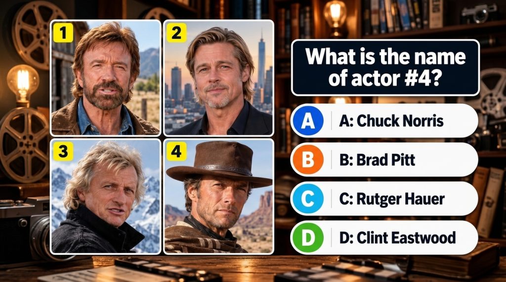A multi-panel quiz centered around identifying an actor featuring headshots of male actors
