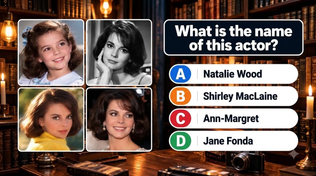 A four-panel collage of Natalie Wood at different ages from childhood to adulthood with a multiple-choice quiz question 