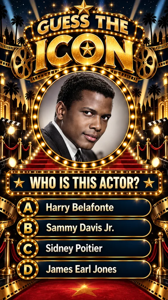 A game show layout featuring a central circular portrait of a young Sidney Poitier against a glamorous starry Hollywood 
