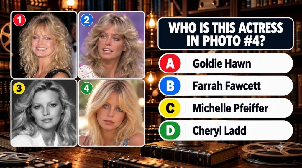 A quiz-style graphic featuring four portrait photos of well-known blonde actresses in a 2x2 grid Below the grid a questi