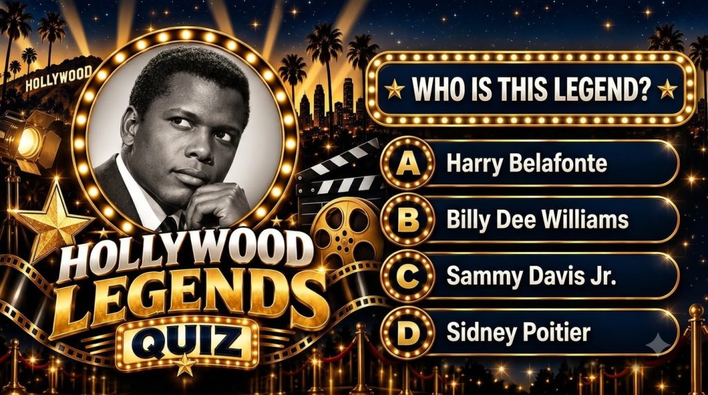 A black and white portrait of a young Sidney Poitier framed by a golden ring set against a background of a starry Hollyw