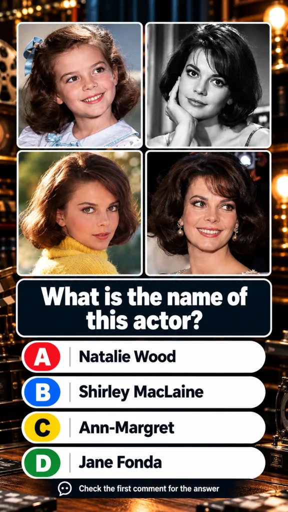 A vertical quiz layout featuring four portraits of Audrey Hepburn at different ages from childhood to adulthood with a q