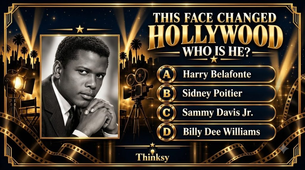 Black and white portrait of a young Sidney Poitier surrounded by golden Hollywood-themed graphics like spotlights film s