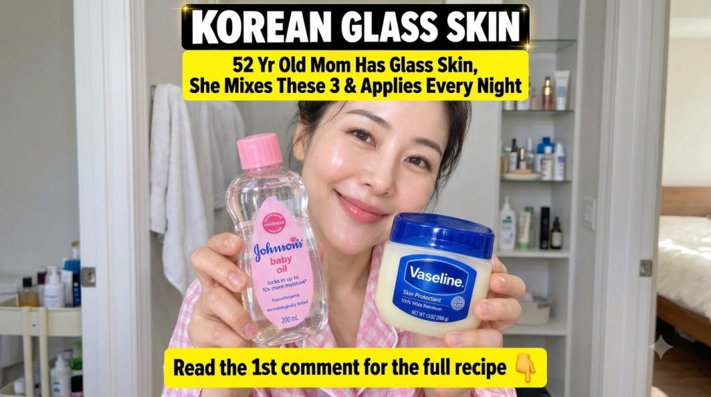 A smiling East Asian woman in close-up holding a jar of petroleum jelly and a bottle of baby oil with clear radiant skin