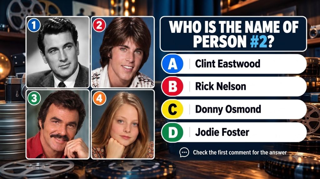A multi-choice quiz asking to identify Person 2 from four celebrity portraits featuring Paul Newman Leif Garrett Burt Re