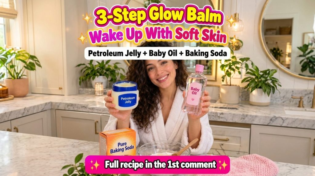 A young woman with curly dark hair smiling and holding a bottle of baby oil and a jar of Vaseline with a bowl of a DIY b