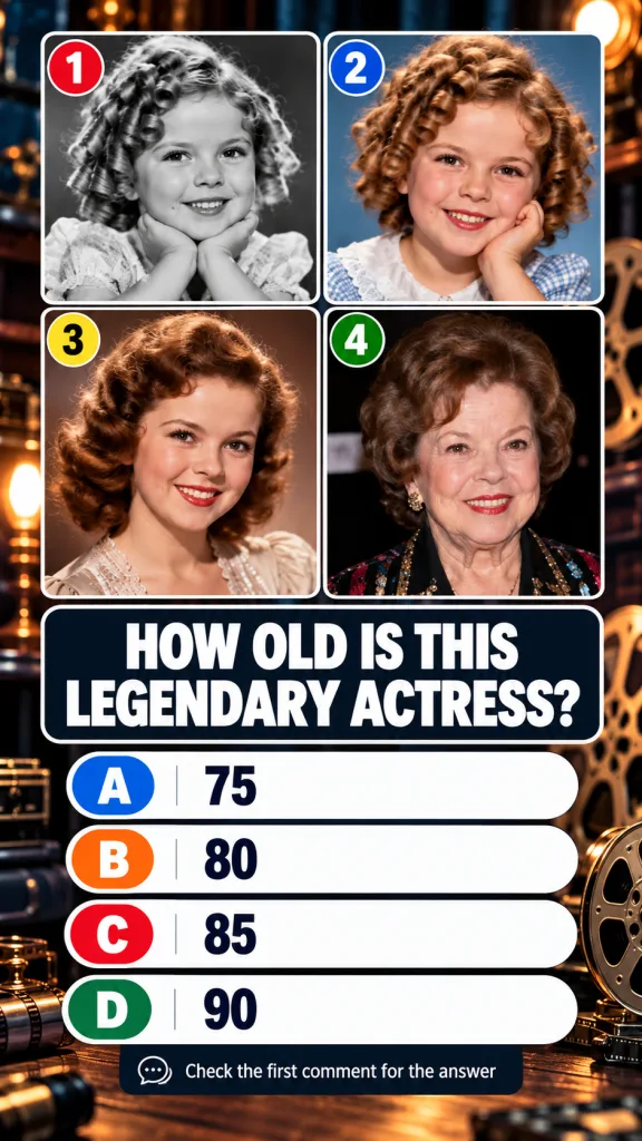 A multi-panel celebrity quiz image showing Shirley Temple at different ages with multiple-choice options