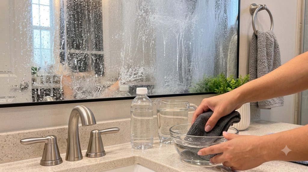 Hands dipping a gray microfiber cloth into a clear glass bowl of water on a bathroom counter A splattered mirror is in t