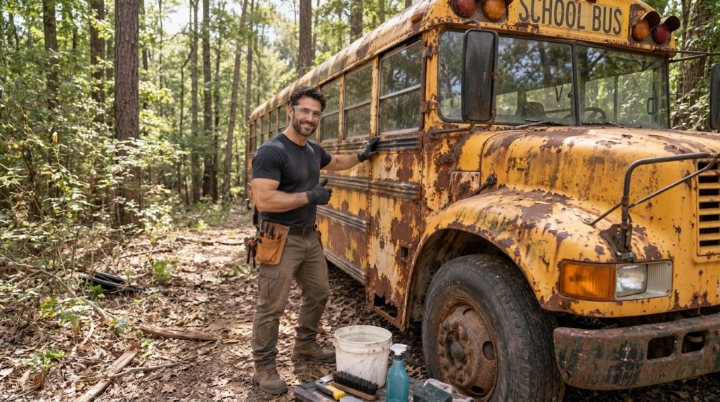 A yellow school bus partially stripped down with tools around it showing the initial stages of a DIY conversion project 