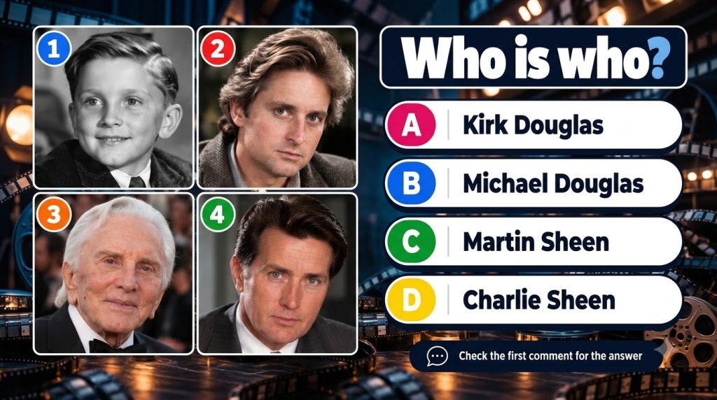 A movie trivia quiz image featuring four portraits of celebrities a young boy in black and white a younger Michael Dougl