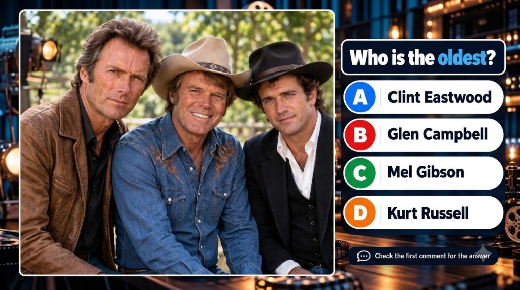 A social media quiz featuring a group photo of three men resembling iconic Western actors with a rural outdoor backgroun