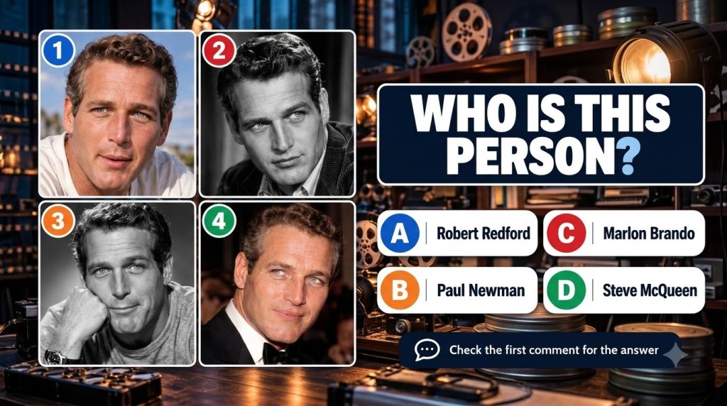 A quiz image showing four different portraits of Paul Newman with the question WHO IS THIS PERSON and multiple-choice an